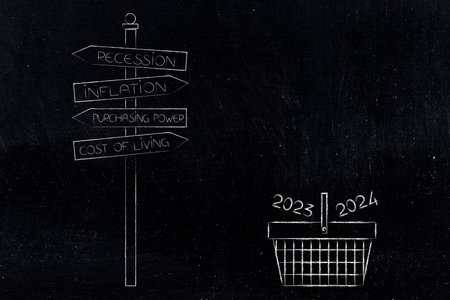 Inflation and recession conceptual image, inflation road sign next to 2023 and 2024 shopping cartの写真素材
