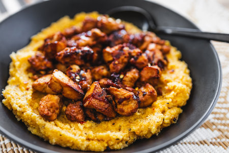 plant-based polenta with teriyaki tofu chunks, healthy vegan food recipes