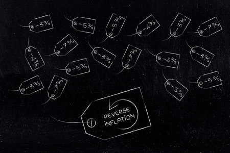 reverse Inflation and fix the cost of living conceptual image, price tag with arrow going backward and labels with percentage of decreaseの写真素材