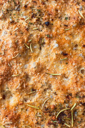 homemade focaccia bread with rosemary and salt flakes, healthy vegan food recipes