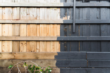 half painted backyard retaining wall or fence, charcoal vs bare wood, home improvement and renovation conceptの写真素材