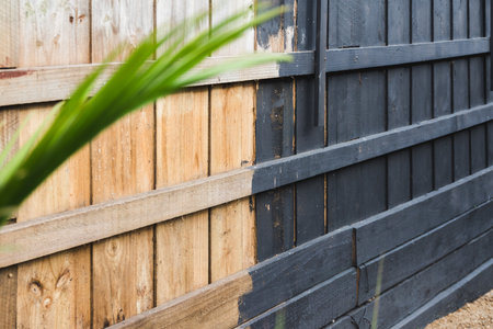 half painted backyard retaining wall or fence, charcoal vs bare wood, home improvement and renovation conceptの写真素材