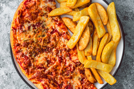 plate with half pizza half chips, concept of fast food or unhealthy caloric foodの写真素材