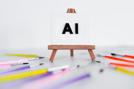 AI text on canvas on easel with brushed around it, art and machine learning concept, image NOT generated with AIの写真素材