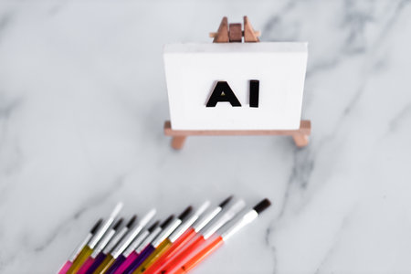 AI text on canvas on easel with brushes around it, art and machine learning concept, image NOT generated with AIの写真素材