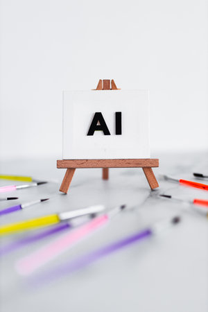AI text on canvas on easel with brushed around it, art and machine learning concept, image NOT generated with AIの写真素材