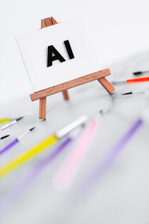 AI text on canvas on easel with brushed around it, art and machine learning concept, image NOT generated with AIの写真素材