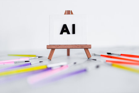 AI text on canvas on easel with brushed around it, art and machine learning concept, image NOT generated with AIの写真素材