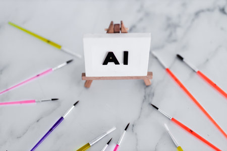 AI text on canvas on easel with brushed around it, art and machine learning concept, image NOT generated with AIの写真素材