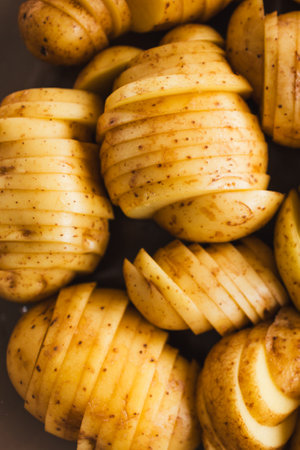 plant-based hasselback potatoes about to go in the oven, healthy vegan food recipesの写真素材