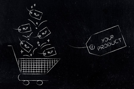 your product vs the competition conceptual illustration, price tag with text Your Product next to shopping cart with Buy tags falling into itの写真素材