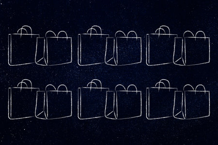 shopping and consumer spending concept, lines of shopping bags side by side