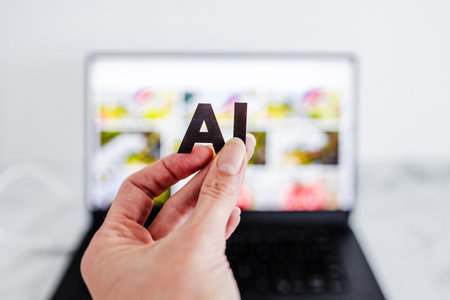 AI text in front of laptop bokeh with out of focus images, concept of Artificial Intelligence creating generative content based on art made by human authorsの写真素材
