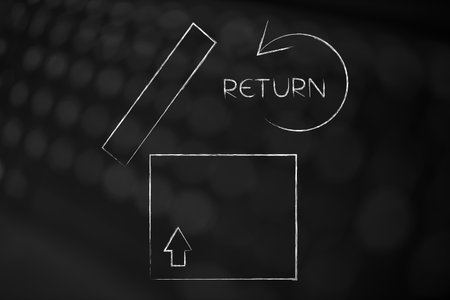 return policy and product stats conceptual illustration,  return sign with backward arrow above open delivery parcel boxの写真素材