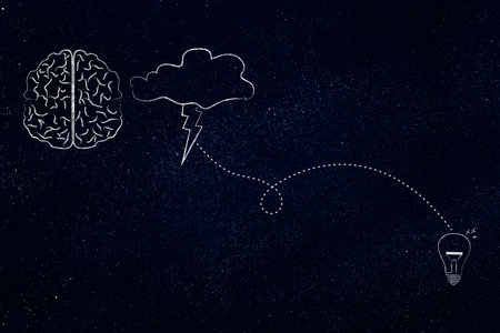 brainstorming and creative mind conceptual illustration, brain next to cloud with lightning bolt...