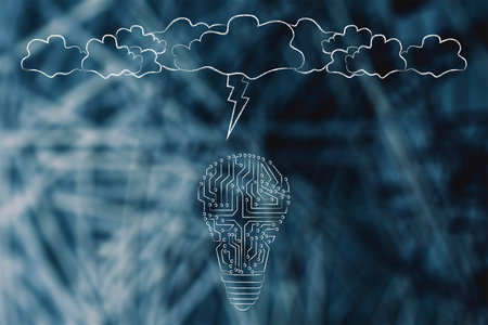 brainstorming and artificial intelligence capabilities conceptual illustration, microchip light bulb with clouds and lightning bolt above itの写真素材