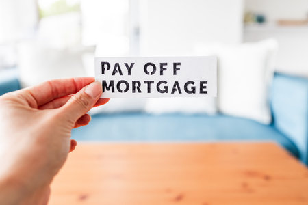hand holding Pay Off Mortgage in front of couch and coffee table, dream home and home ownership conceptual image, property market topicの写真素材