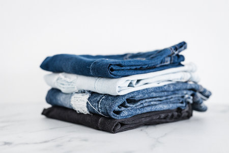 pile of jeans in different color denim fabric neatly folded and piled up on minimalistic backgroundの写真素材