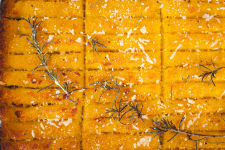 crispy golden polenta chips with rosemary roasted in the oven on a tray, delicious and homemade