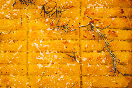 crispy golden polenta chips with rosemary roasted in the oven on a tray, delicious and homemade