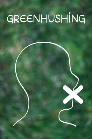 greenhushing concept with silenced face on blurred grass background,  symbolizing hidden sustainability efforts and corporate silence on climate actionの写真素材