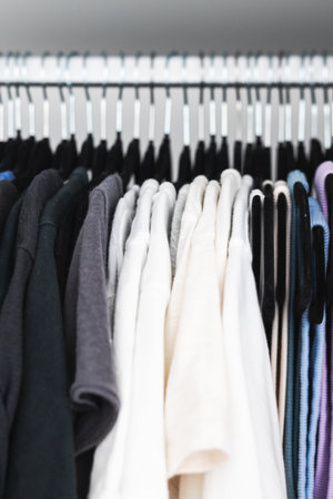 tidy organised wardrobe with matching flocked hangers and colour coded tops including shirts tees...