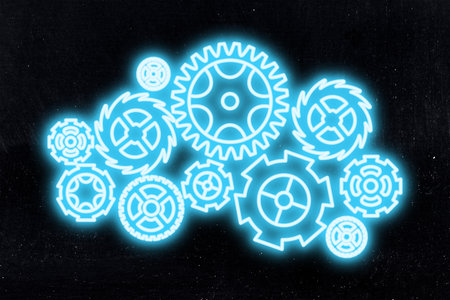 gearwheels, rackwheels and cogwheels mechanism, neon illustration with blue tonesの写真素材