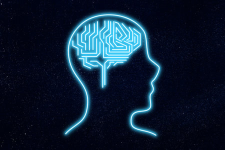 neon outline illustration of human profile with brain symbol inside head, glowing artwork about mind...