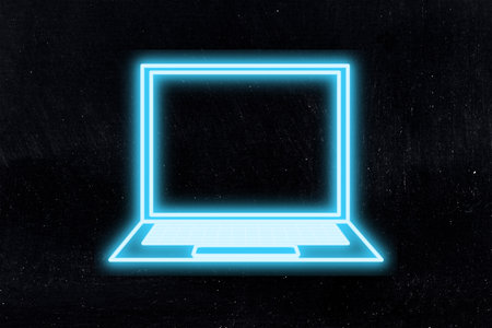 neon outline illustration of laptop computer front view, blue tones minimalistic designの写真素材