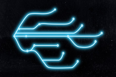 neon outline illustration of network lines and nodes with glowing connections, digital technology...