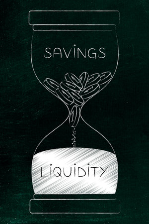 hourglass metaphor of time turning savings into liquidity, finance and money themed illustrationの写真素材