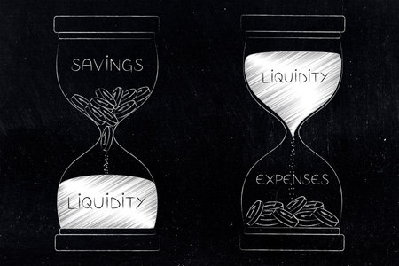 hourglass metaphor of savings turning into liquidity turning into expenses with time, finance and money themed illustrationの写真素材