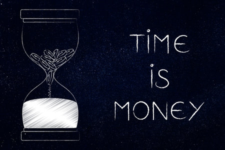 time is money hourglass metaphor of coins turning into sand with text on the side, finance and money...