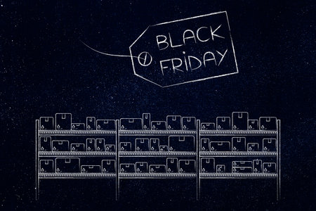illustration of boxes on warehouse shelves with a black friday price tag above, representing retail discounts, ecommerce, and seasonal sales promotionの写真素材