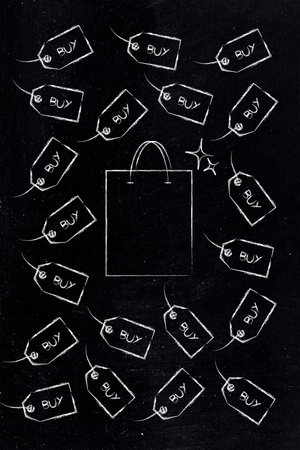 illustration of a shopping bag surrounded by Buy price tags, representing online marketing, consumer excitement, fomoの写真素材