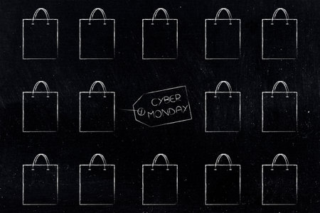 illustration of a cyber monday price tag surrounded by shopping bags, symbolizing retail discounts, online shoppinの写真素材