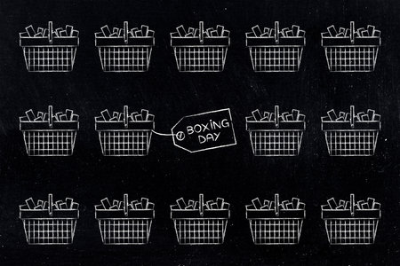 illustration of a boxing day sale price tag surrounded by full shopping baskets, symbolizing christmas shopping, festive retail discounts, and end of year clearance saleの写真素材