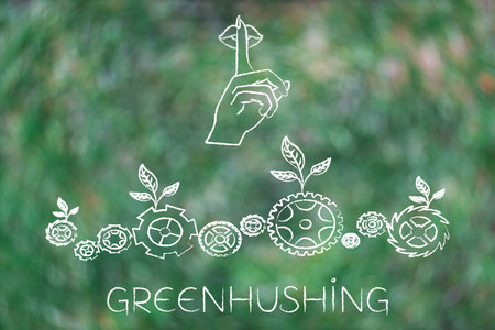 greenhushing illustration of a shush hand gesture next to green gearwheel mechanism with leaves around it, concept of corporate silence about sustainability and environmental responsibilityの写真素材