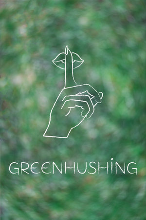 greenhushing illustration of a shush hand gesture on green out of focus greenery background, concept of corporate silence about sustainability and environmental responsibilityの写真素材