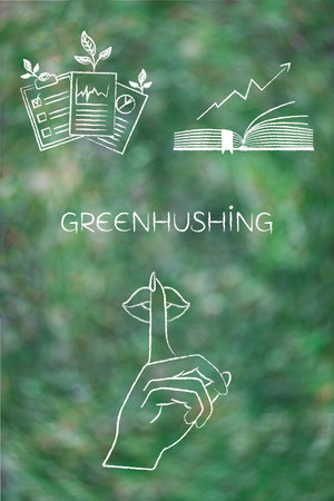 greenhushing illustration of a shush hand gesture green agenda and corporate documents with leaves, concept of corporate silence about sustainability and environmental responsibilityの写真素材
