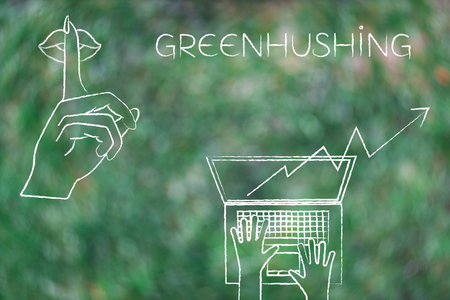 greenhushing illustration of a shush hand gesture next to laptop with upward arrow and text, concept of corporate silence about sustainability and environmental responsibilityの写真素材