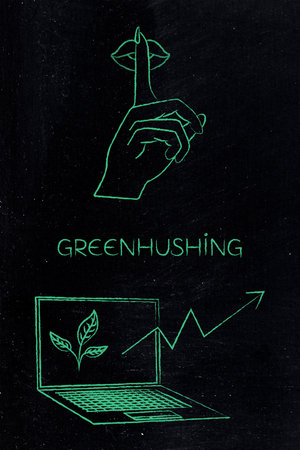 greenhushing illustration of a shush hand gesture and laptop with leaves and upward arrow, concept of corporate silence about sustainability and environmental responsibilityの写真素材