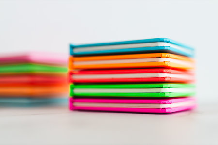 colourful children books piled on minimalistic marble desk setup, concept of learning to read, early...
