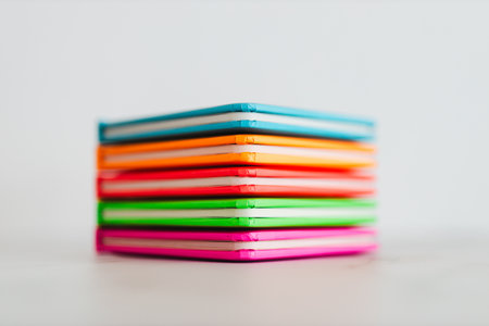 colourful children books piled on minimalistic marble desk setup, concept of learning to read, early education, and making school fun for kids through creativity and bright educational materialsの写真素材