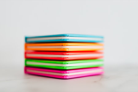 colourful children books piled on minimalistic marble desk setup, concept of learning to read, early education, and making school fun for kids through creativity and bright educational materialsの写真素材