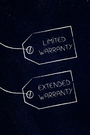 illustration of two item labels featuring limited warranty and extended warranty text, highlighting product coverage options and consumer choice in retail.の写真素材