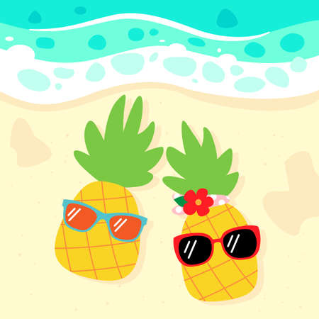 pineapples with sunglasses on the beach cartoon illustrationのイラスト素材