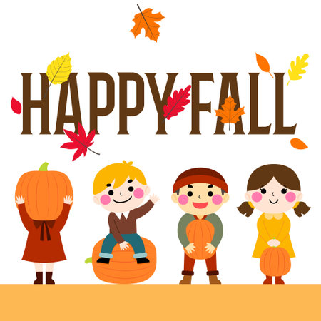 Happy fall cartoon illustration, children in fall character designのイラスト素材