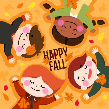 Happy fall season cartoon illustration, Children lying on autumn leavesのイラスト素材