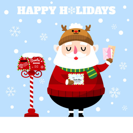 Cute Santa got letters cartoon illustration, Christmas greeting cardのイラスト素材